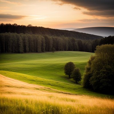 landscape, meadow, forest, sunset, nature, grass, path, hilly landscape, green, blue sky, view, hiking, countryside, road, tranquility, relaxation, sun, glow, area