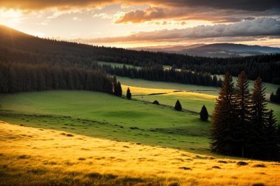 landscape, meadow, forest, sunset, nature, grass, path, hilly landscape, green, blue sky, view, hiking, countryside, road, tranquility, relaxation, sun, glow, area
