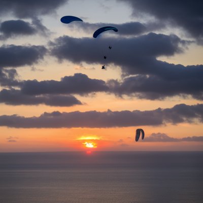 paragliding, sunset, sea, clouds, twilight, atmosphere, horizon, reflection, flowing water, dawn, gentle breeze, adventure, travel, relaxation, sport, flight, sunny, natural beauty, red, beautiful view