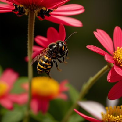 flower, wasp, red, nature, summer, macro, close-up, insect, natural, beauty, leaf, background, bokeh, colorful flowers, outdoor, strawflower, details, colors, garden, pistil