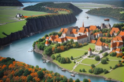 monastery, island, rhine, aerial view, loop, river, landscape, switzerland, forest, farm, europe, water, greenery, european landmark, cloudy day, peaceful landscape, architecture, tourist attraction, historic site