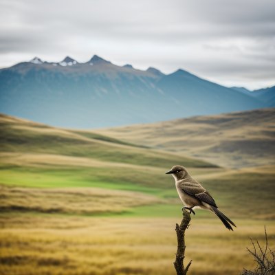 bird, nature, grassland, bird on branch, mountains in background, wildlife, close-up, bird species, natural habitat, landscape, light blue sky, black and white headed bird, solitary bird, perch, natural occurrence, day, outdoors, natural beauty, nature photography, wilderness