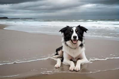 border collie, dog, beach, ball, sea, sand, wet, playing, smart dog, flying in the air, tidal, puppy, coast, active, running, year, chased, sprint, spring, happiness, light