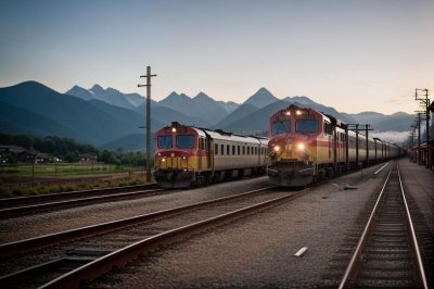 train, station, tracks, morning, mountains, village, countryside, transportation, public transport, fog, nature, sunrise, best practice, journey, dawn, empty, nostalgia, regional train, mountain landscape, bird's eye view