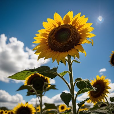 sunflower, blue sky, blooming, summer, sunny day, garden, flower background, nature, flower, yellow color, leaves, clear, growing, stem, green color, flower wallpaper, fertile soil, beautiful flowers, agriculture, sunlight, planting, outdoors