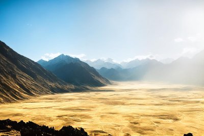 mountain, desert, valley, light cloud, karakoram, green strip, dry, sun, sky, sand, light, dune, pakistan, stream, rock, gray, landscape, outdoor, view, strong, sand color