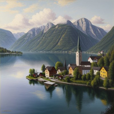 hallstatt, lake, mountain scenery, church tower, calm water, nature, alpine mountains, daylight, reflection, mountain view, peaceful scenery, lake and mountains, front view, cultural town, postcard, calm day, village atmosphere, architectural landmarks, blue sky, tourist destination
