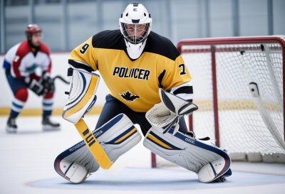 ice hockey, goalie, young athlete, protective gear, hockey stick, puck, ice rink, youth hockey, catching glove, winter sport, dynamics, neon jersey, movement, sporting event, concentration, goalie mask, goalie pads, energy
