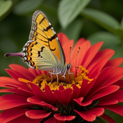 butterfly, colias, zinnia, red flower, flower, yellow, nature, pollination, winged insect, spring, garden, macro, close-up, natural beauty, outdoors, simplicity, insect, color, environment