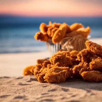 coast, beach, food, picnic, fried chicken, butter, wooden table, towel, sea, paper cone, dips, seagulls, patio, nature, relaxation, sunset, summer, vacation, seafood, comfort, lunch box, horizon