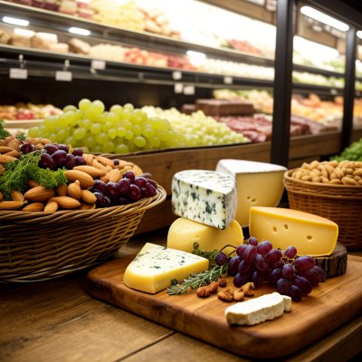 cheese, grapes, nuts, market, wood, basket, herbs, deli, analog photography, sunny, rustic, favorite spots, public space, countryside, vendor, stalls, feast for the eyes, display, food, produce