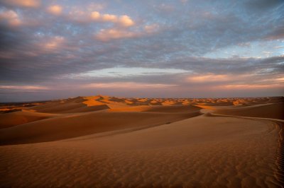 desert, sand, nature, landscape, dunes, sky, clouds, sunset, blue, orange, calm, nature's beauty, desolation, scenery, blue sky, timeless, natural beauty, wilderness, dawn, far, warm