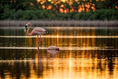 flamingo, nature, bird, feathers, wildlife, lake, sunrise, dusk, landscape, summer, outdoors, trees, afterglow, peace, earth, reflection, beauty, swimming, sunset, twilight, mirror