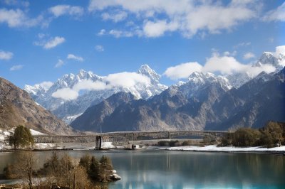 suspension bridge, river, mountains, karakoram, snowy peaks, sky, clouds, khaplu, gilgit-baltistan, natural landscape, bridge, trees, reflection, elements, nature, shyok, bridge construction, tourism, autumn, blue sky