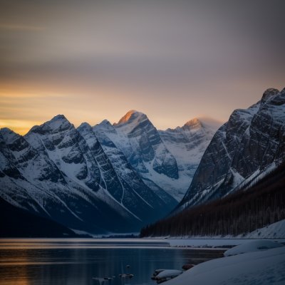 mountains, snow, peaks, fjord, water, twilight, sunset, dusk, moon, crescent moon, night sky, sky, pink sky, purple sky, winter, cold, landscape, scenic, wilderness, panorama, view, nature