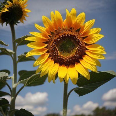 sunflower, summer, flower, blue sky, garden, yellow, bee, close-up, leaves, nature, blooming, background, iconic, colorful, cultivation, insect, wild, ecology, aesthetics