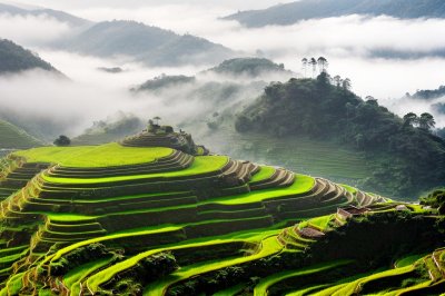 rice terraces, fog, nature, mountain, umbrella, countryside, cliffs, foggy day, hiking, autumn, yellow rice field, pasture, solitude, rest, holding umbrella, agricultural landscape, rural life, orient, distance, captivating
