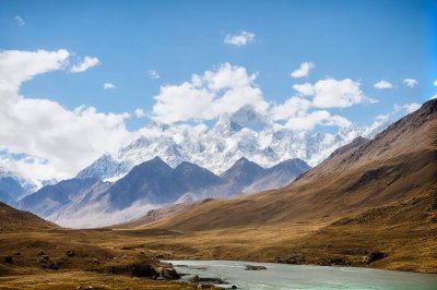 mountains, river, sky, pakistan, nature, shyok, karakorum, snow, village, panorama, cloud, cliff, trees, village house, terraced farming, valley, travel, serene, ecotourism, autumn