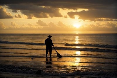 sunrise, morning, beach, sea, fishing, worker, landscape, travel, calm, vietnam, sunrise on beach, silhouette, water, golden, net, reflection, nature, beauty, light, tranquility, person