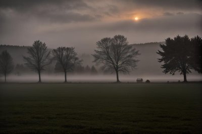 fog, solitude, sunset, trees, rural, peace, farmhouse, autumn, mystical, twilight, cottage, house, winter, field, horizon, morning, house in fog, peaceful, meadow, countryside, nature, mysterious