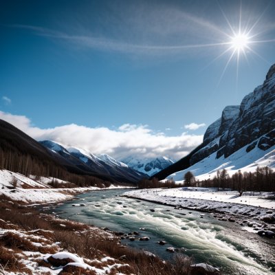 mountain, river, valley, snow, cloud, spring, landscape, blue sky, trees, nature, mountain range, karakoram range, gilgit-baltistan, pakistan, dry riverbed, panorama, scenic, tourism, outdoor