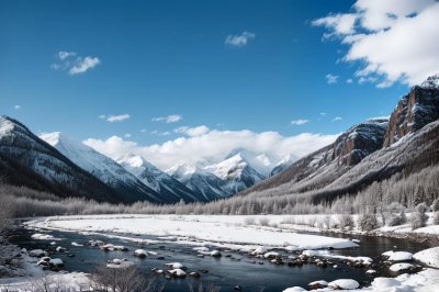 mountain, river, valley, snow, cloud, spring, landscape, blue sky, trees, nature, mountain range, karakoram range, gilgit-baltistan, pakistan, dry riverbed, panorama, scenic, tourism, outdoor
