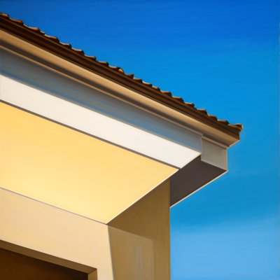 facade, architecture, lamp, outdoor lighting, blue sky, yellow, ornamentation, corner, light, aesthetic, edge, corner decoration, vertical lines, height details, yellow-orange facade, ornamental corner, outdoor architecture, classic style, aesthetic facade