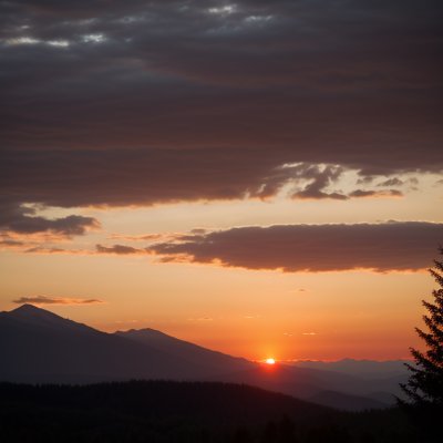 sunset, mountains, clouds, tree, silhouette, evening, red, nature, twilight, calm, summer day, beauty, horizon, romance, amazing, peaceful, landscape, picturesque, moody, setting sun, ridge