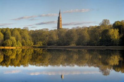 water reflection, nature, trees, blue sky, panorama, tower, forest, morning, tranquility, natural scenery, calm water, tree reflection, summer landscape, recreation, mirroring, purity, serene environment, building, architecture, summer day