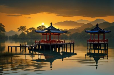 chinese, pavilion, boat, morning, lake, sunset, water, reflection, travel, tourist, nature, trees, serenity, tourism, culture, east asia, park, architecture, travel development, traditional