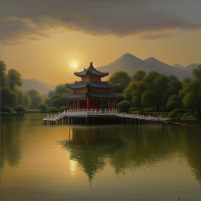 chinese, pavilion, boat, morning, lake, sunset, water, reflection, travel, tourist, nature, trees, serenity, tourism, culture, east asia, park, architecture, travel development, traditional