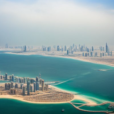 panorama, dubai, skyscraper, coastline, clouds, sea, city, building, luxury, bay area, luxury hotel, view, tourism, travel, aerial view, sunshine, middle east, blue sea, nature, sunny beach, highway