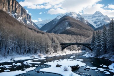 mountains, river, bridge, snow, nature, valley, blue sky, pakistan, blue, sky, clouds, rocky, mountain peaks, cliffs, cold, view, peacefulness, karakoram range, shyok river, geological formations