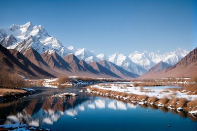 pakistan, river, mountains, snow, nature, blue sky, reflection, karakoram, gilgit-baltistan, autumn, dry valley, tourist destination, cliffs, purple mountains, clear water, hill, flowing water, calm, geology, hiking, remote area
