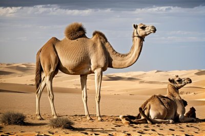 camel, desert, dunes, wildlife, nature, landscape, sand, mountains, arid, travel, adventure, oasis, desert life, mammal, single hump, dromedary, middle east, blue sky