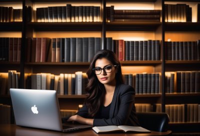 library, computer, glasses, desk, books on shelf, education, study, technology, laptop, student, sitting, smiling, female, office, knowledge, concentration, decoration, home library, professionalism, furniture, online