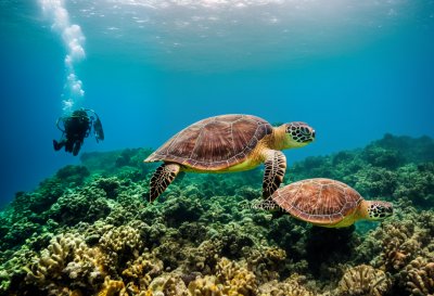 sea turtle, diver, coral reef, diving, snorkeling, marine life, clear water, tropical water, turtle diving, sunlight, underwater photography, underwater, bubbles, ocean adventure, one person, natural environment, ecosystem, water world, sea floor, ocean tourism