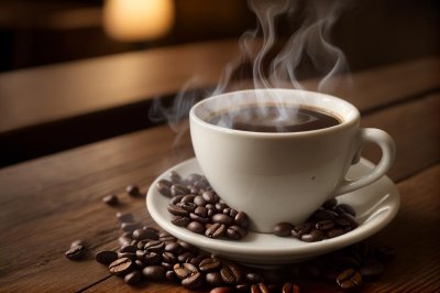 coffee, cup, steam, coffee cup, beans, beverage, wood, brown, hot, morning, snack, home, kitchen, aromatic, relaxation, warming, cabin, coffee break, heating, pleasure, lit candle, glow