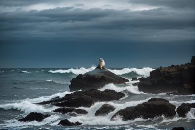 seal, rocky outcrop, ocean, water, waves, coastline, nature, wildlife, mammal, shore, beach, landscape, cliffs, tide, sunny, summer, wild, ecosystem, surf