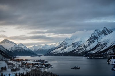 mountains, fjord, winter, snow, nature, water, landscape, winter scene, frozen landscape, nordic fjords, sunset, winter landscape, dramatic sky, rainy, sea, stormy sky, natural beauty, cold, nordic nature, harsh landscape