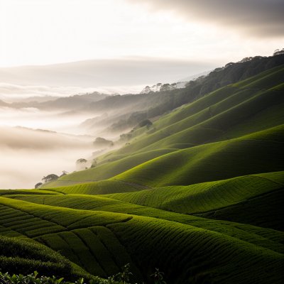 tea plantation, nature, morning, sunrise, landscape, hills, greenery, agriculture, mist, countryside, silhouettes, morning light, fresh air, tranquility, tea leaves, ground cover, green tea, harvest, distance