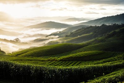 tea plantation, nature, morning, sunrise, landscape, hills, greenery, agriculture, mist, countryside, silhouettes, morning light, fresh air, tranquility, tea leaves, ground cover, green tea, harvest, distance