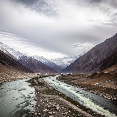 pakistan, gilgit-baltistan, shigar, river, karakoram, mountains, snow, nature, riverbed, clouds, sand, thematic landscape, sky, earth, valley, panorama, hiking, travel, adventure, comfort