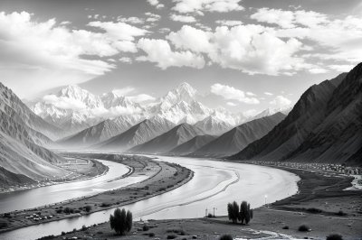 pakistan, gilgit-baltistan, shigar, river, karakoram, mountains, snow, nature, riverbed, clouds, sand, thematic landscape, sky, earth, valley, panorama, hiking, travel, adventure, comfort