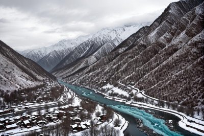 pakistan, gilgit-baltistan, mountains, snow, valley, river, sky, cloud, houses, nature, landscape, picturesque, canyon, desert, touristic, explore, high, buildings, traditional