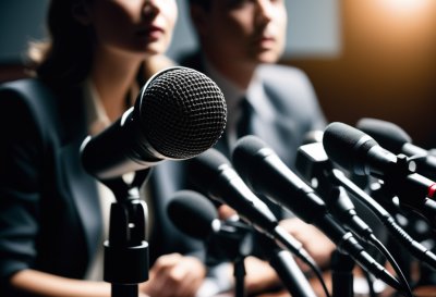 microphone, press conference, reporter, news, journalism, media coverage, communication, public speaking, journalist, announcement, technology, equipment, news reporter, politics, audio system, professional, sound recording, podium, industry