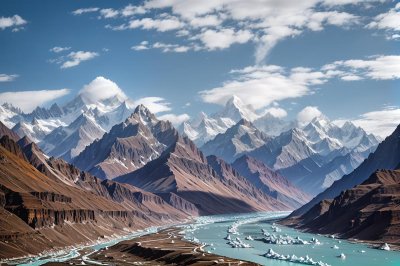 mountains, sky, river, glacier, balistan, clouds, hunza river, passu cones, landscape, karakorum, pakistan, batura, karakoram mountains, rock formations, snow, gojal, nature, mountain peaks, canyon, trees