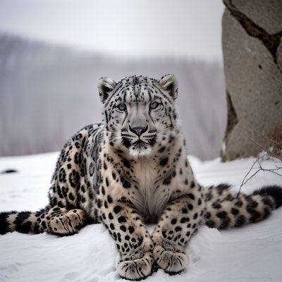 snow leopard, nature, wildlife, predator, animal, wild animal, mountains, winter, snow, rock, bushes, patterned fur, mist, environment, wildcat, love for cold, loner, elusive, cliff, camouflage pattern