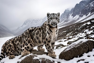 snow leopard, nature, wildlife, predator, animal, wild animal, mountains, winter, snow, rock, bushes, patterned fur, mist, environment, wildcat, love for cold, loner, elusive, cliff, camouflage pattern