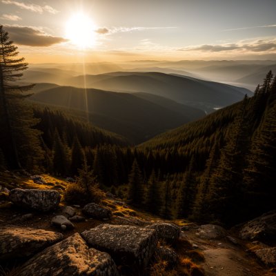 landscape, mountains, sunset, sun, forest, rocks, nature, panorama, hiking, peace, beautiful, afternoon, light, shadows, view, travel, tourist destination, fresh air, leisure, wilderness, calm